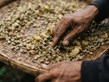 Extreme close-up of a farmer's weathered hands sorting raw wet-hulled green coffee parchment on a bamboo drying tray, soft diffused equatorial overcast light, documentary film photography, earthy volcanic tones, 35mm