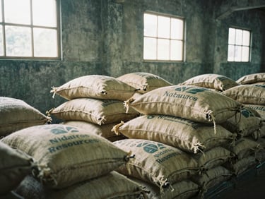 Raw burlap coffee sacks stenciled with Nidaros Resources markings stacked inside a historic concrete warehouse in Medan, soft morning light streaming through high windows