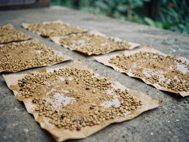 Close-up of wet-hulled coffee parchment drying on a concrete patio under soft morning sun, earthy volcanic tones.