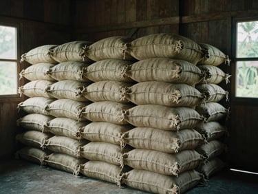 Raw burlap coffee sacks stacked neatly in a traditional wooden warehouse in Toraja, soft side window light.