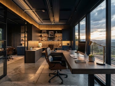 Interior of a premium portable office cabin, sleek modern desks, integrated LED lighting, pre-wired conduits, architectural photography.