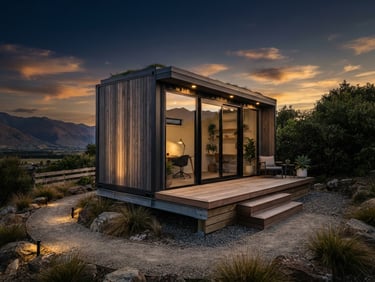 Modern relocatable container office fabricated from a shipping container, premium exterior cladding, architectural photography.