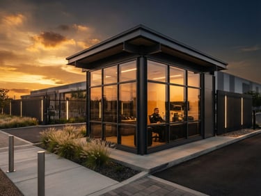 Modern architectural guard cabin with high-visibility structural glazing and steel frame, sunset lighting.