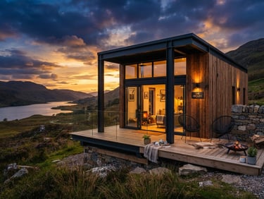 Premium relocatable leisure cabin with wood-cladded facade and steel frame, sunset lighting, architectural photography.