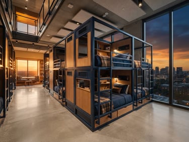 Clean modern modular dormitory building interior, durable steel bunk beds, integrated ventilation, architectural photography.