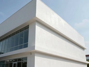 Flawless uniform paint finish on a high-ceiling commercial lobby wall, clean structural lines, bright daylight.