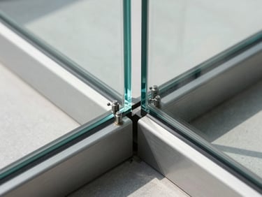 Tight macro detail shot of a structural glass joint connection, steel spider fitting holding thick tempered glass panels, crisp daylight casting sharp geometric shadows, clean engineering aesthetic.