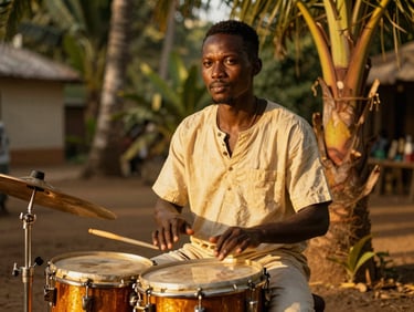 Portrait d'un percussionniste traditionnel africain en action, contrastes forts, reflets dorés
