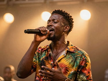 Dynamic portrait of an Afro-Caribbean musician singing under warm amber stage spotlights, shallow depth of field, 35mm