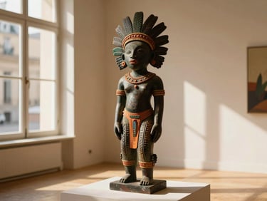 High-end contemporary Afro-Caribbean sculpture displayed in a minimalist Parisian gallery, soft natural window light, elegant shadows