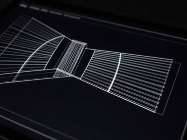 Abstract architectural geometry of a website blueprint on a dark screen, sharp white lines, low-key lighting, 35mm lens