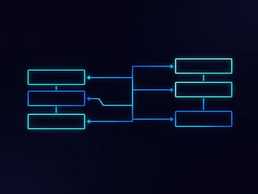Abstract vector illustration of clean system architecture diagrams, glowing neon-teal and electric-blue vector lines, dark background, ample negative space
