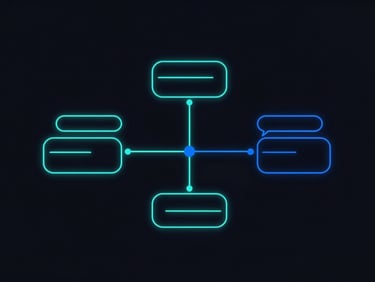 Minimalist vector diagram of conversational node trees, glowing neon-teal lines, dark background, negative space
