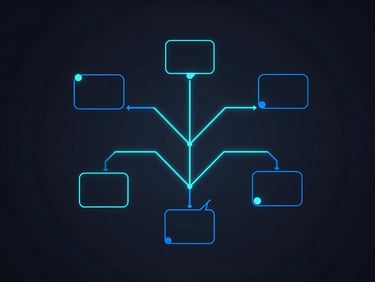 Abstract vector illustration of conversational node trees, glowing electric-blue vector lines, dark background, minimalist geometric tech diagrams