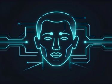 Abstract vector illustration of biometric scanning paths and facial recognition nodes, electric-blue glowing lines, dark background