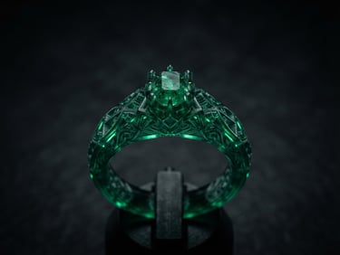 Macro studio shot of translucent green resin printed ring model with ultra-crisp micro-prongs, dramatic dark lighting, emerald edge highlights, high viscosity detail.