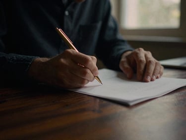 Close-up of hands writing with a brass pen on heavy paper, dark wood desk, warm low-key lighting, 35mm film