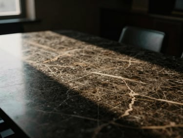 Extreme close-up of dark marble boardroom table with warm directional window light, moody editorial photography, 35mm film