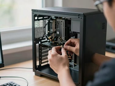 Close-up of a desktop computer tower opened on a workbench, natural daylight from a side window, technician hand visible tightening a component, no background clutter