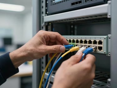 Technician's hands connecting a network cable to a patch panel inside an open rack, close-up, overhead shop lighting, blurred office background