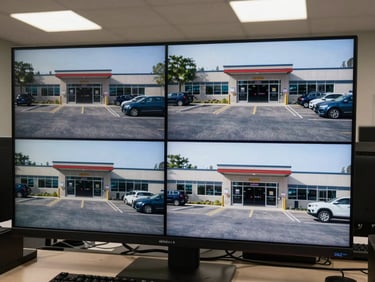 Security monitor screen showing a four-panel camera feed of a commercial parking lot and entrance, installed in an office with a desk and keyboard visible in foreground, overhead lighting