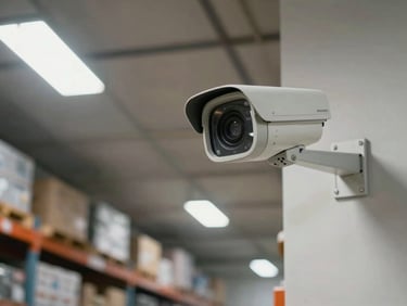 Security camera mounted on a ceiling bracket in a warehouse corridor, wide-angle environmental shot showing the camera in context, natural overhead industrial lighting