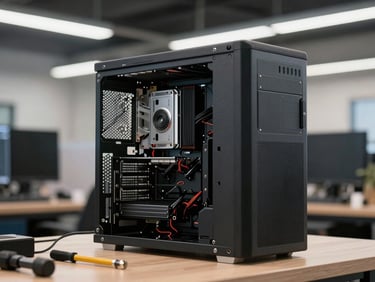 Close-up of a desktop workstation tower opened on a repair bench, internal components visible, overhead shop lighting, tools laid nearby, real office environment background