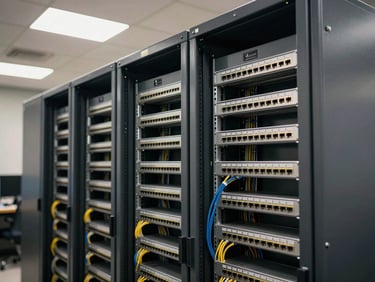 Wide shot of a network cabinet mounted on an office wall, patch panel and managed switches clearly labeled, overhead fluorescent lighting, tidy cable management visible