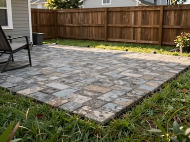 Residential backyard patio one season after installation — afternoon natural light, pavers weathered slightly and settled, grass grown flush to the edges, wooden fence in background, homeowner's outdoor chair in casual use, house visible at left edge