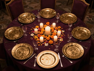 Overhead composition of a round reception table set for a Sangeet — deep jewel-toned runner, brass charger plates, clustered pillar candles, loose marigold petals, ambient indoor light, no guests