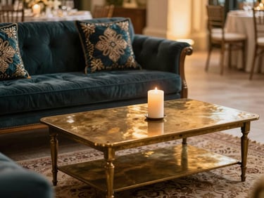 Detail shot of a lounge vignette during a wedding reception — low brass coffee table, embroidered cushion seating in deep jewel tones, a single tall pillar candle, textured rug underneath, warm golden-hour ambient light, no people