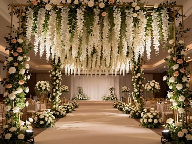 Full-room environmental shot of a reception hall entry draped with hanging floral installations — cascading white and blush roses on brass arch frames, ambient uplighting in warm amber, no guests, wide angle