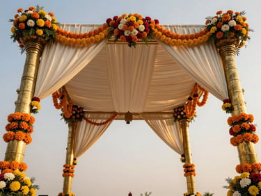 Wide shot of a full mandap canopy draped in marigold and ivory silk, brass pillar accents catching golden-hour light, lush floral garlands at each column, shot from ground level looking up toward the fabric ceiling, no people