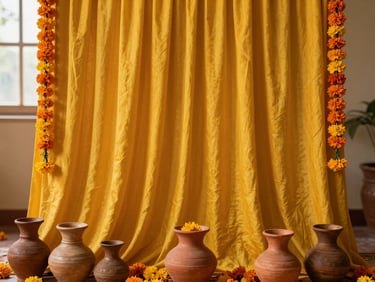 Close-up of a Haldi ceremony installation — turmeric-yellow draped fabric backdrop with fresh marigold garland fringe, terracotta vessels arranged at the base, warm afternoon window light, no people