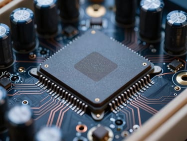 Extreme close-up of GPU circuit board components—capacitors, thermal pads, and copper traces under studio strobe lighting, sharp focus on the silicon die, dark background, steel-blue tones