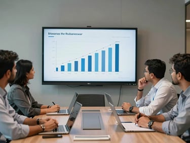 A structured boardroom meeting in Bhubaneswar with founders analyzing growth metrics on a clean digital screen.