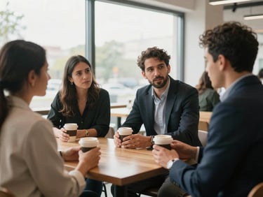 Candid shot of founders and investors in a bright, modern venue, discussing business over craft coffee under natural window light.