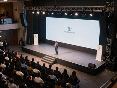 Aerial view of a modern, well-lit presentation stage in Bhubaneswar with professional lighting and a focused audience of investors.