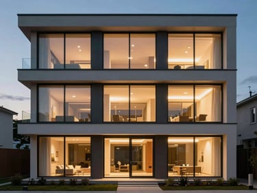 Minimalist modern residential facade with large glass windows at dusk, warm interior light glowing.