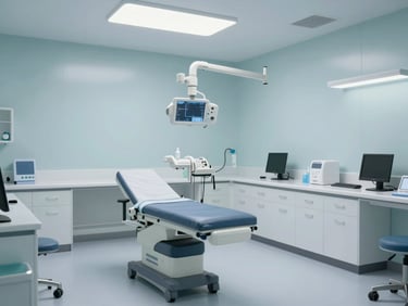 Clean, modern medical clinic interior with soft blue lighting, professional and calm atmosphere.