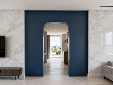 Straight-on architectural photography of a minimalist modern apartment interior in Goiânia, bright natural daylight, crisp details of premium marble finishes, 35mm