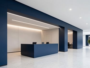 Modern minimalist corporate office in Goiânia, deep navy blue accents, clean white terrazzo floors, sophisticated linear architectural lighting