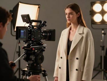 Behind-the-scenes on a fashion video shoot, a high-end cinema camera on a rig focusing on a model in a minimalist coat, warm set lights in the background, high-contrast cinematic atmosphere.