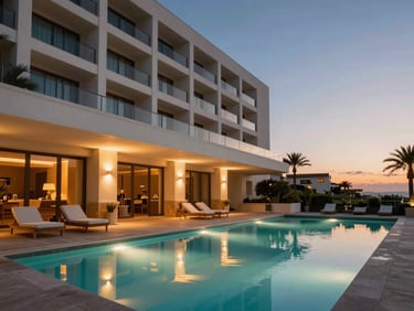 Wide-angle environmental shot of a luxury hotel patio in Baleares at dusk, warm cinematic lighting from pool lights, sharp shadows, high-contrast, professional architectural photography style.