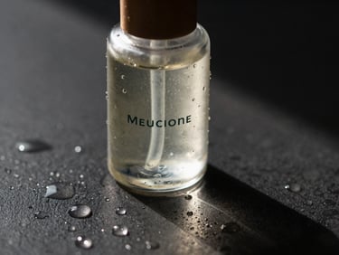 Extreme close-up of a premium glass skincare bottle on a dark reflective surface, water droplets, dramatic side-lighting with strong shadows, technical cosmetic branding shot.