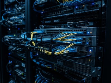Tight macro shot of high-end enterprise network hardware, clean fiber optic cable management, cool low-key blue architectural lighting, 35mm