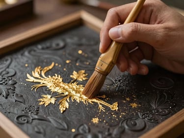 Close-up of artisan hands carefully applying delicate gold leaf onto a dark textured relief using a traditional bamboo brush, soft warm lighting.