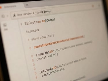 Close-up of a detailed wireframe on a screen, showing clean code structure and SEO tags, soft natural daylight, muted terracotta and sand tones, shallow depth of field.