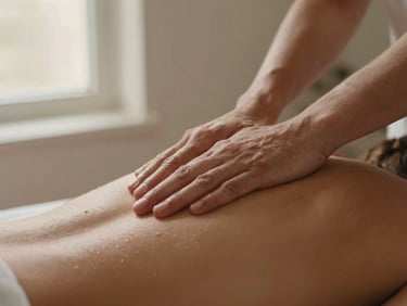 Close-up of therapeutic massage motion on shoulder, soft morning window light, warm terracotta tones, shallow depth of field