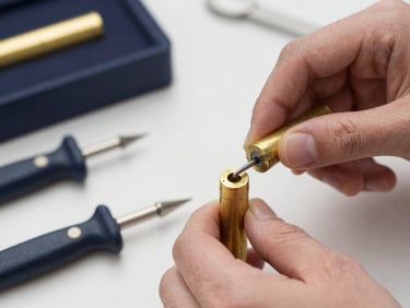 Close-up of hands working on high-security brass cylinders, professional tools neatly arranged, sharp focus, 35mm lens